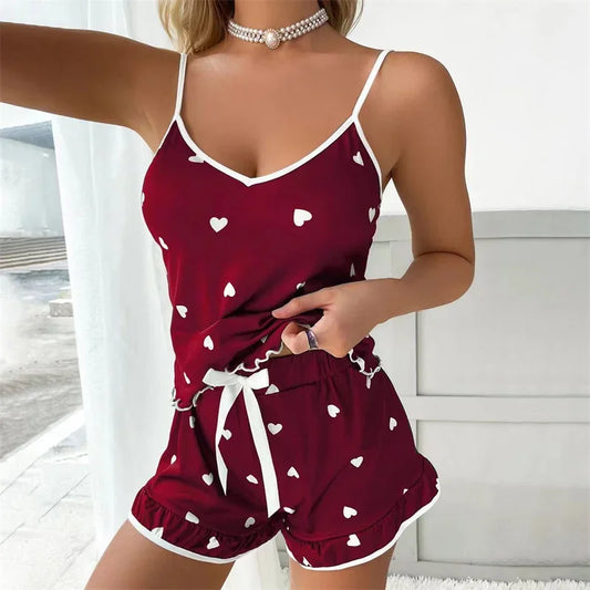 Women Sleepwear Summer 2 Piece Pajamas Set Spaghetti Strap Vest Top and Shorts Soft Casual Cute Printed Longewear
