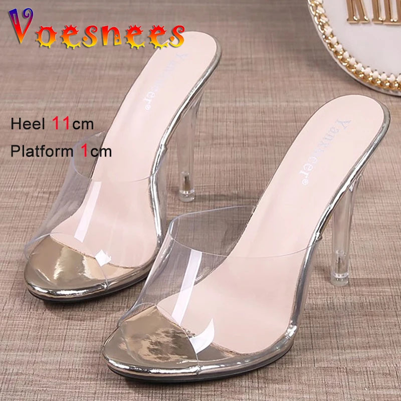 11CM Modern Slippers For Women 2024 Summer New Transparent Sandals Sexy Thin High Heels CRYSTAL Woman Shoes Outside Size 43 Gold