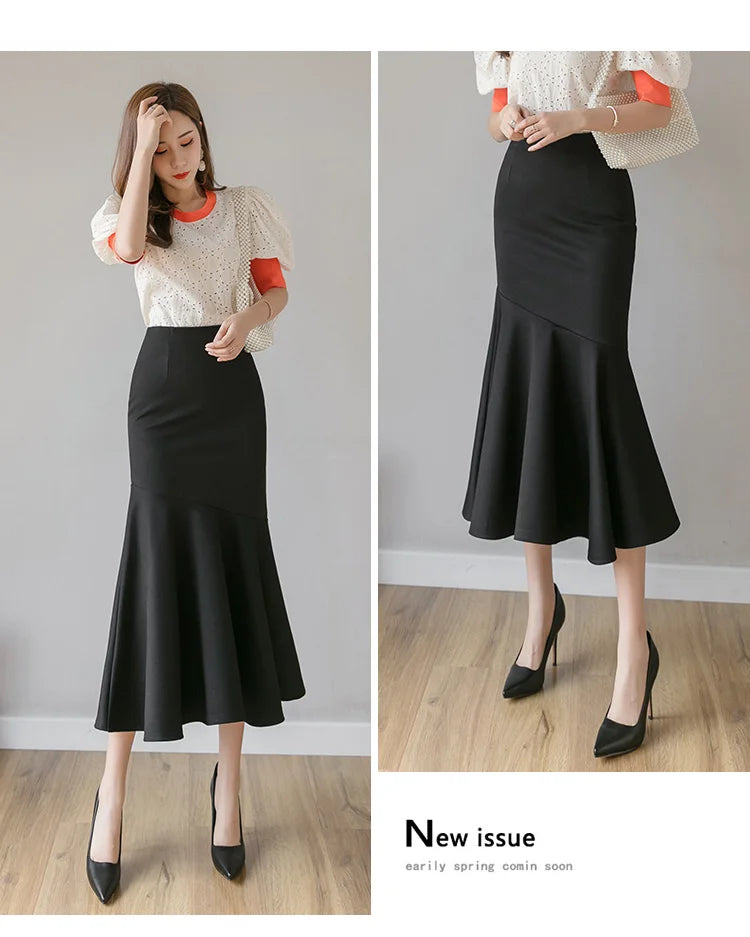 Seoulish Ruffles Solid Color Women's Skirts 2024 New Spring Summer Elegant High Waist Office Ladies Style Pencil Midi Skirts
