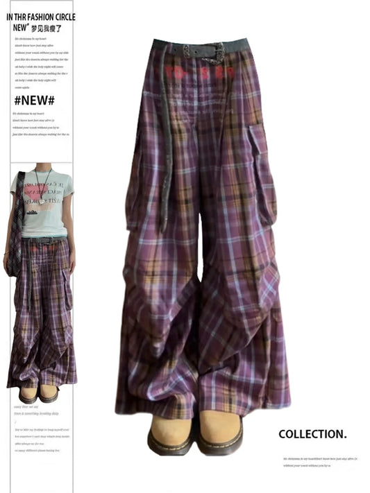 Summer Women Harajuku Fashion Plaid Pants Vintage Y2k Japanese Streetwear 2000s Baggy Pantalones Loose Casual Long Trousers Kpop