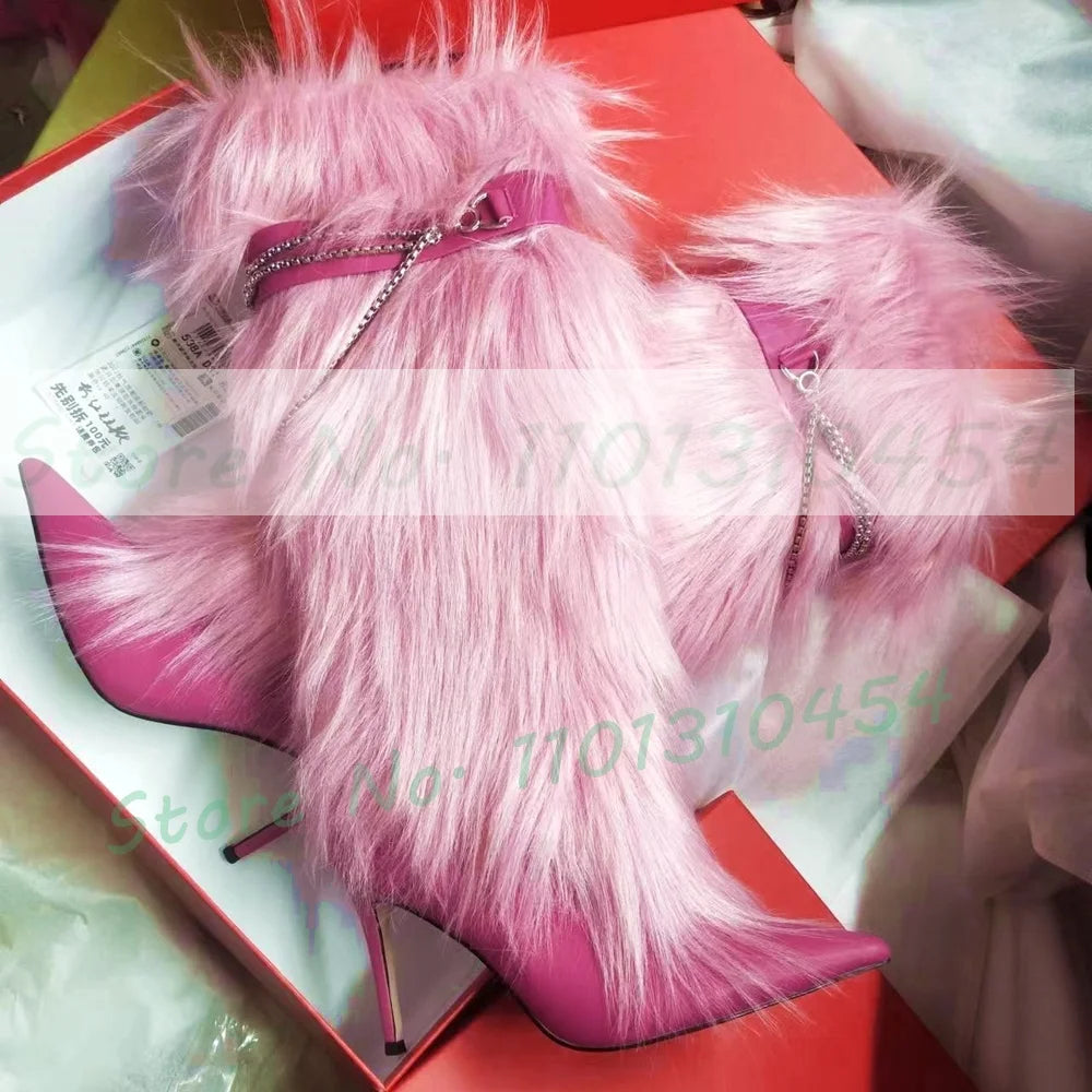 Pink Fur Pointy Knee High Boots Women Trends Luxury Fluff Metal Chain Winding High Heels Boots Winter Female Fashion Snow Boots