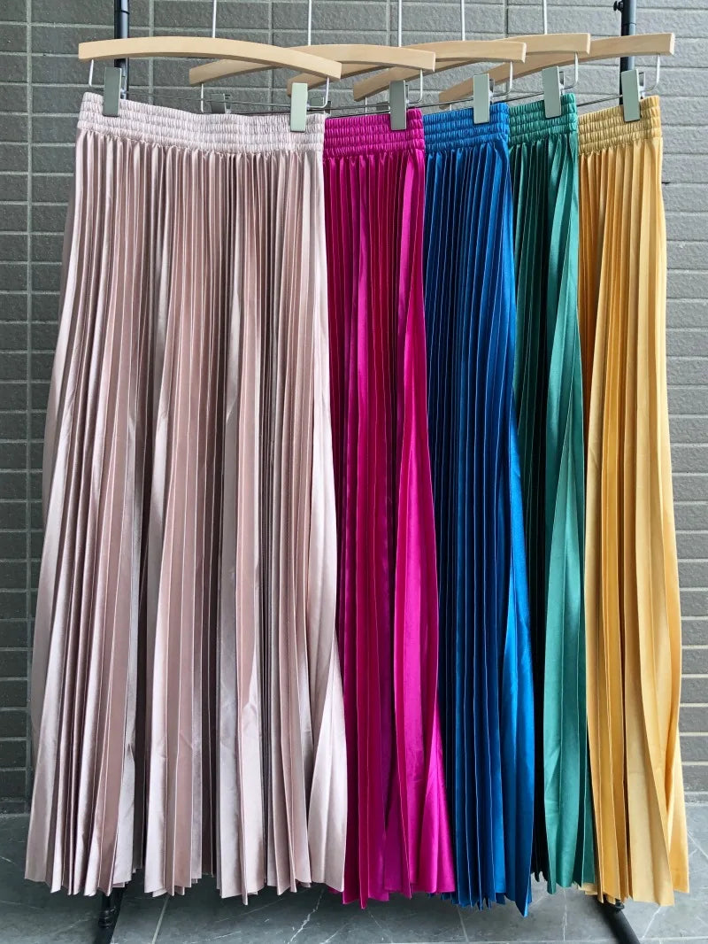 98cm Basics Maxi Pleated Skirt for Women New Korean Casual All-match Solid A Line High Waist Long Maxi Skirt Female