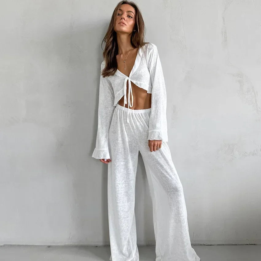 Mozuleva Women's Summer Loose Casual Long Sleeved Pants Set Soft Comfortable Fashion Home Clothes Solid Color Basic Pajamas Set