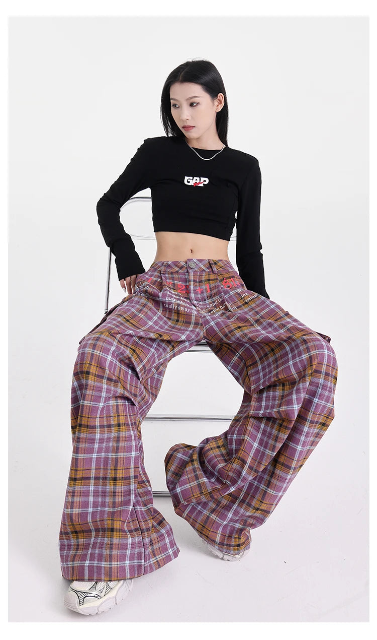 Summer Women Harajuku Fashion Plaid Pants Vintage Y2k Japanese Streetwear 2000s Baggy Pantalones Loose Casual Long Trousers Kpop