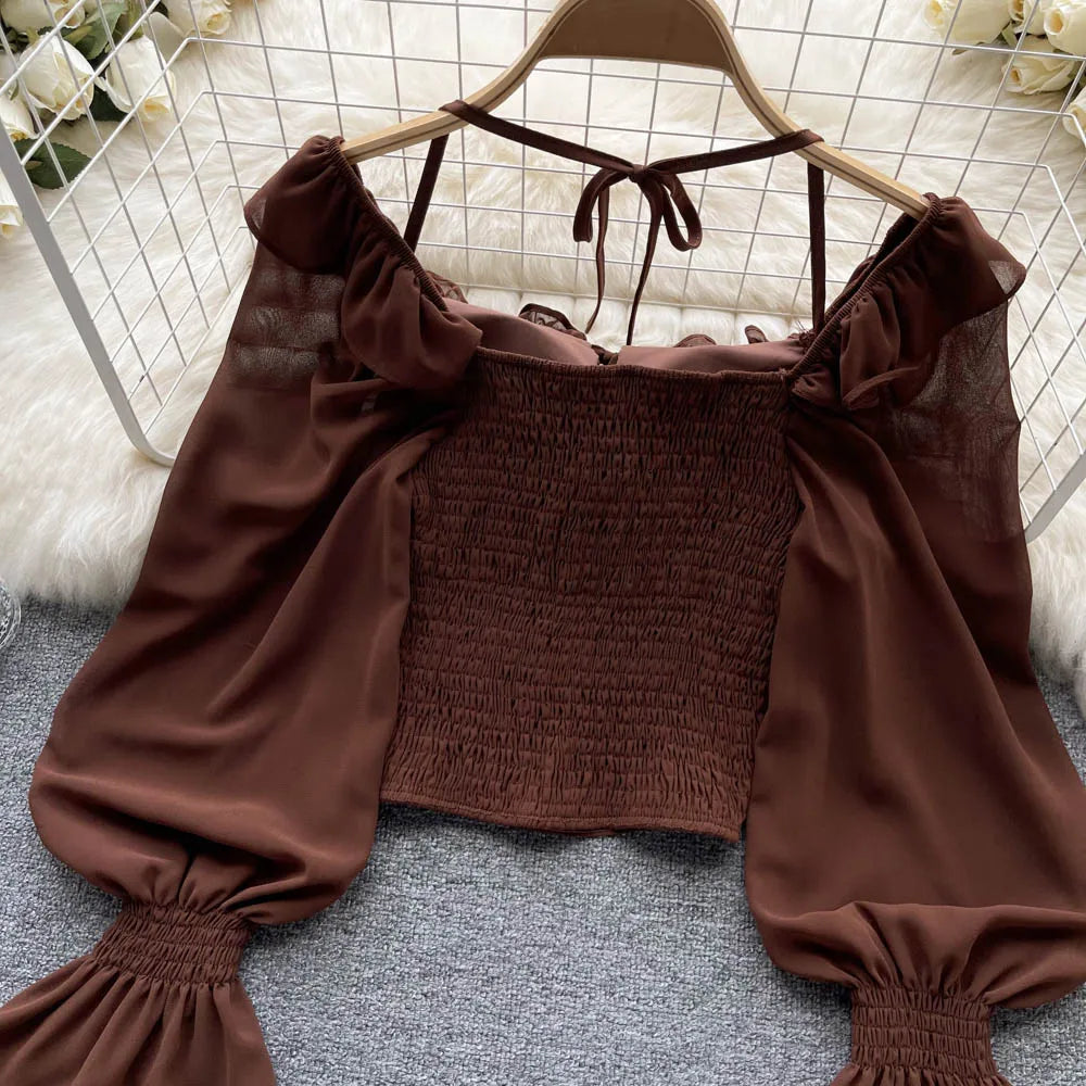 French Chic Halter Blouses Femininas Bow Flare Sleeve Short Tops Dames HighStreet Blusa Mujer Casual Shirts Clothes Dropshipping