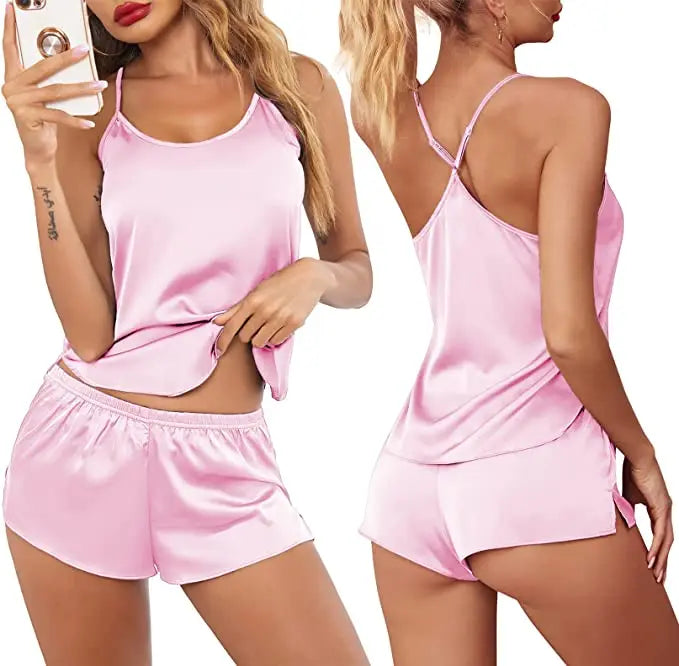 Summer New Ice Silk Spaghetti Strap Sexy Women Pajamas Pure Color Thin Section Fashion Sleepwear