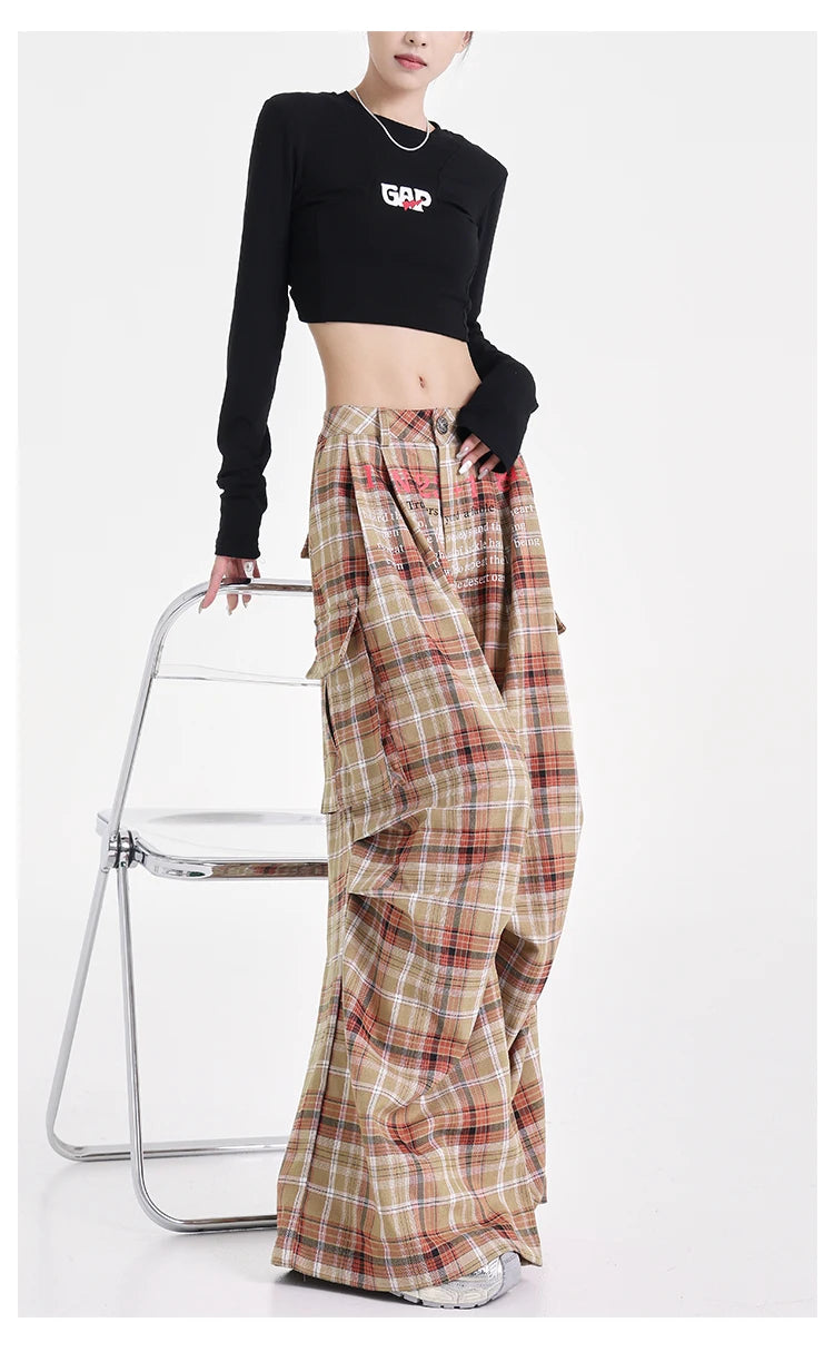 Summer Women Harajuku Fashion Plaid Pants Vintage Y2k Japanese Streetwear 2000s Baggy Pantalones Loose Casual Long Trousers Kpop