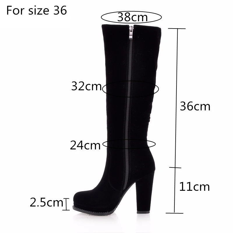 Women's Winter High Boots Fashion Flock Knight Knee High Boot Women Black Thick High Heels Zipper Round Toe Ladies Shoe Platform