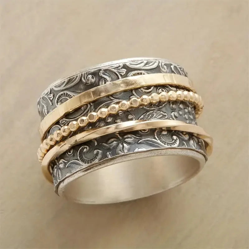 Bohemian geometric three-layer ring wide-sided ring retro timeless pattern ring couple jewelry