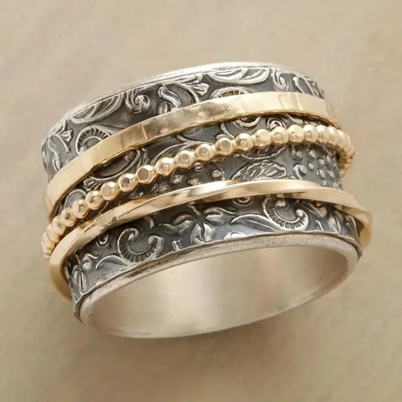 Bohemian geometric three-layer ring wide-sided ring retro timeless pattern ring couple jewelry