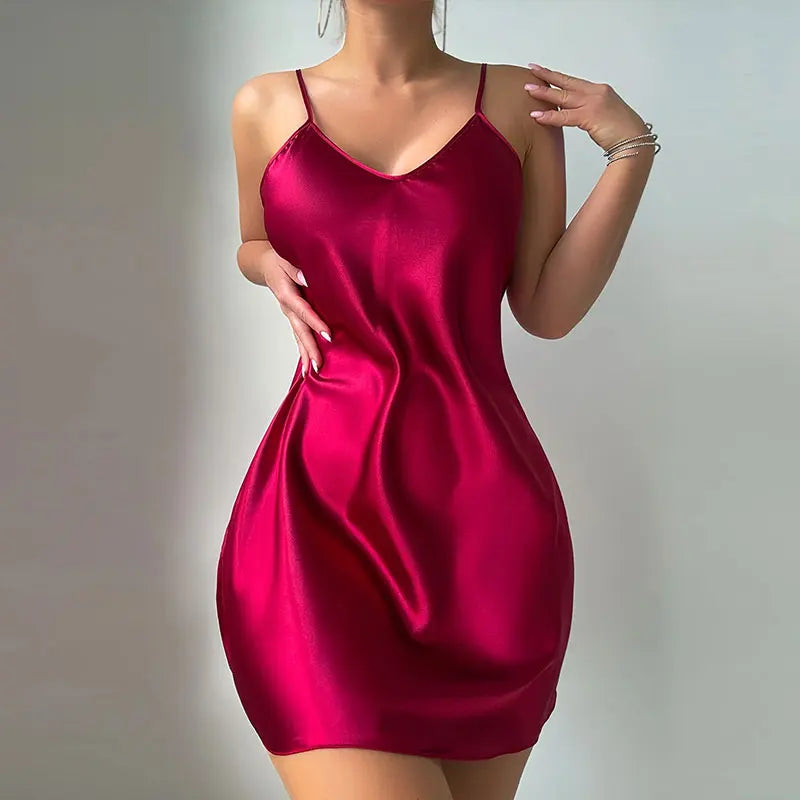 1 Piece Sexy V-Neck Women Satin Camisole Night Dress Female Pajamas Silky Lingerie Sleeveless Backless Nightgown Thin For Summer