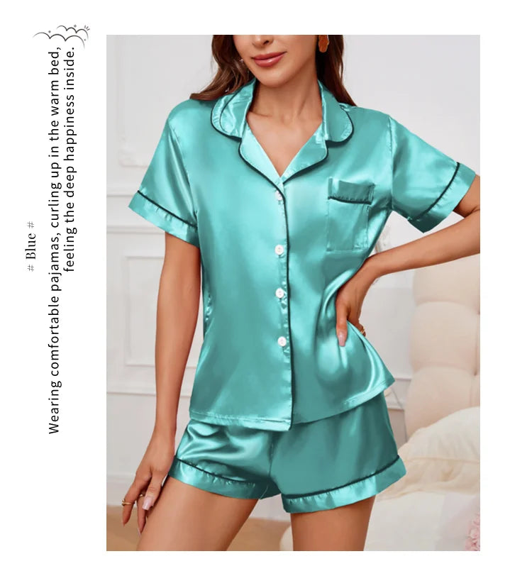 Women's Lapel Neck Sleepshirt Sleepwear Summer Satin Pajamas Set Casual Short Sleeve Buttons Top And Elastic Shorts Lounge Set