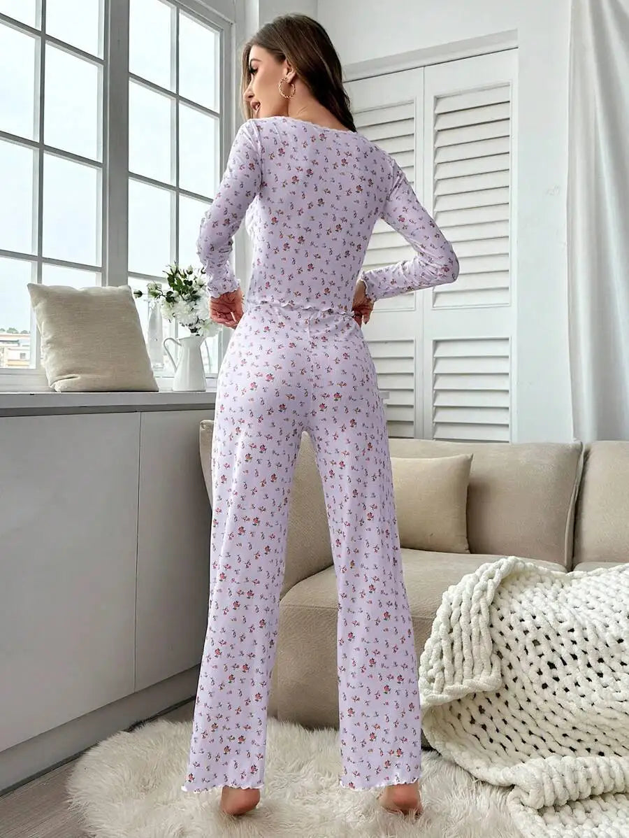 New Women Soft Comfortable sexy Floral Print Pajama Set Long Sleeve Top and Pants Loungewear Sleepwear Two Piece Set Homewear