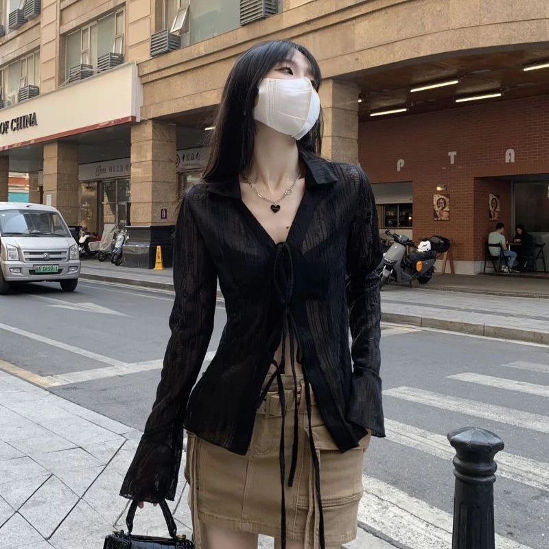 Gidyq Women Streetwear Shirts Fashion Lace Up Long Sleeve Blouse Korean Y2K Casual Female Loose Sun Protection Shirts Spring New