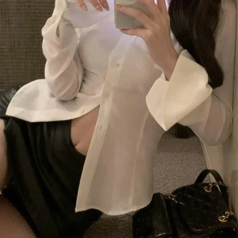 Sexy Slim Flared Sleeve Women's Shirt Solid Lapel Single-breasted Back Bandage Tunic Female Blouses Spring Trend New Lady