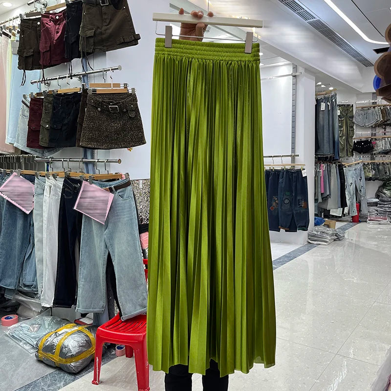 98cm Basics Maxi Pleated Skirt for Women New Korean Casual All-match Solid A Line High Waist Long Maxi Skirt Female