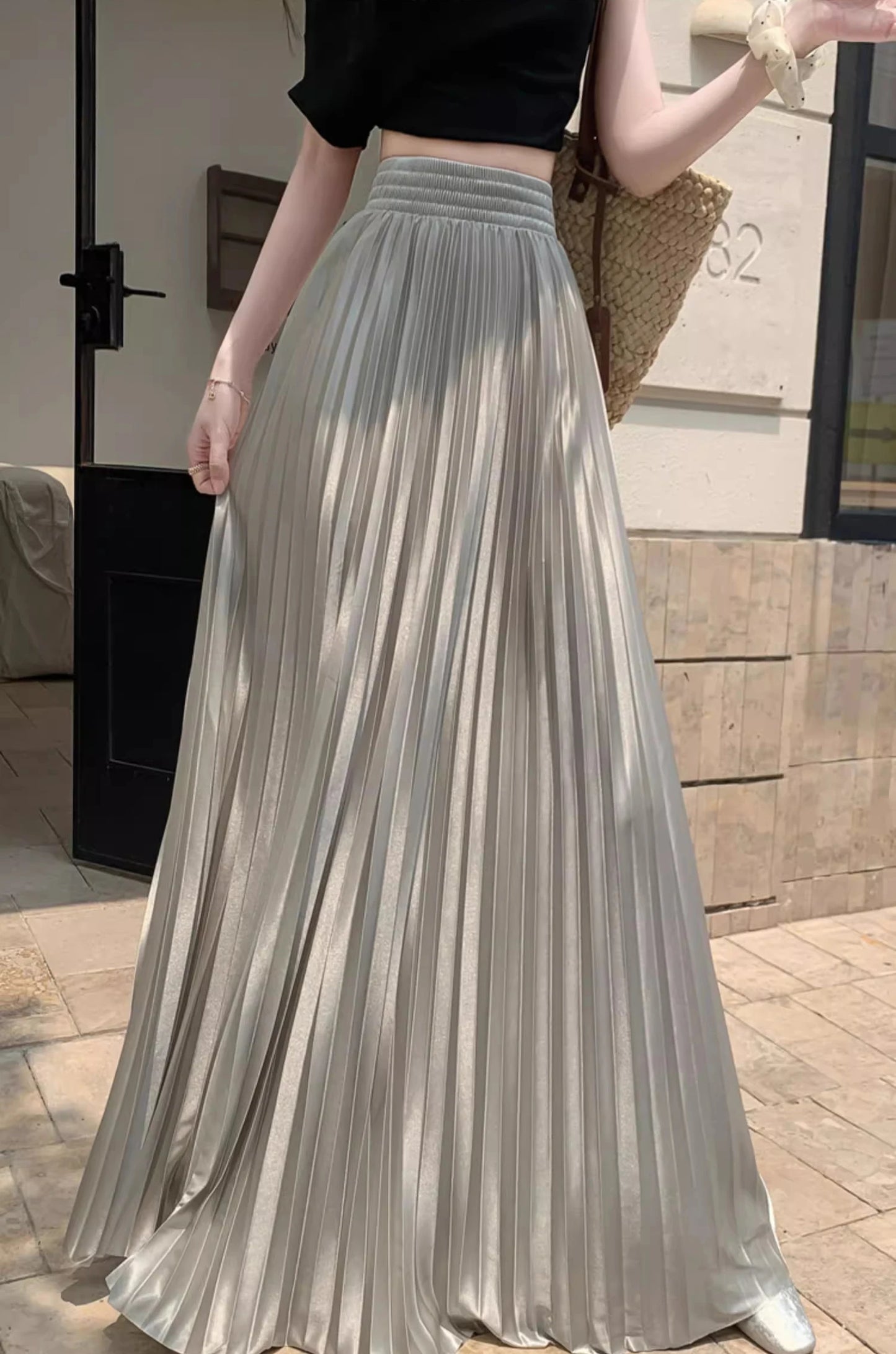 98cm Basics Maxi Pleated Skirt for Women New Korean Casual All-match Solid A Line High Waist Long Maxi Skirt Female