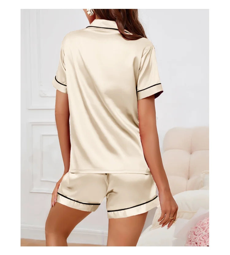 Women's Lapel Neck Sleepshirt Sleepwear Summer Satin Pajamas Set Casual Short Sleeve Buttons Top And Elastic Shorts Lounge Set