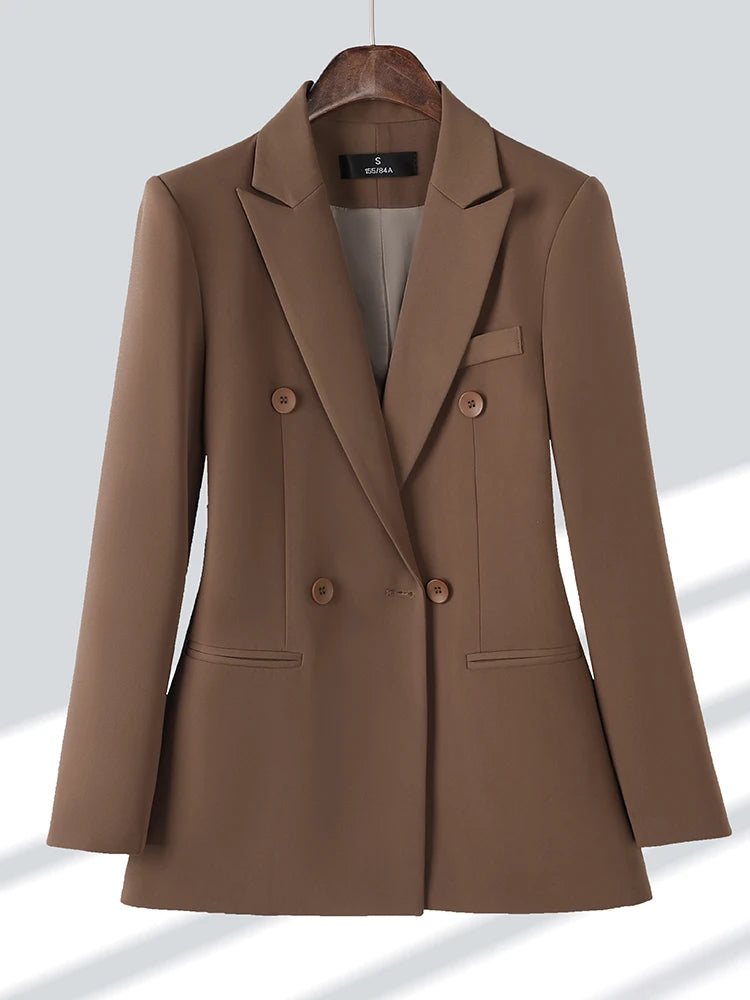 Blue Apricot Coffee Black Women Formal Blazer Ladies Female Long Sleeve Double Breasted Straight Jacket Coat