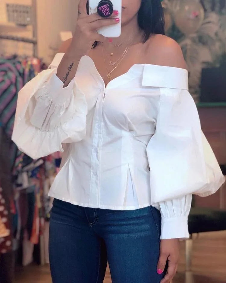 Elegant White Shirts for Women Lantern Sleeve Off Shoulder Top Lady Blosues Long Sleeve Ruched Design Feamel Clothes Spring 2025