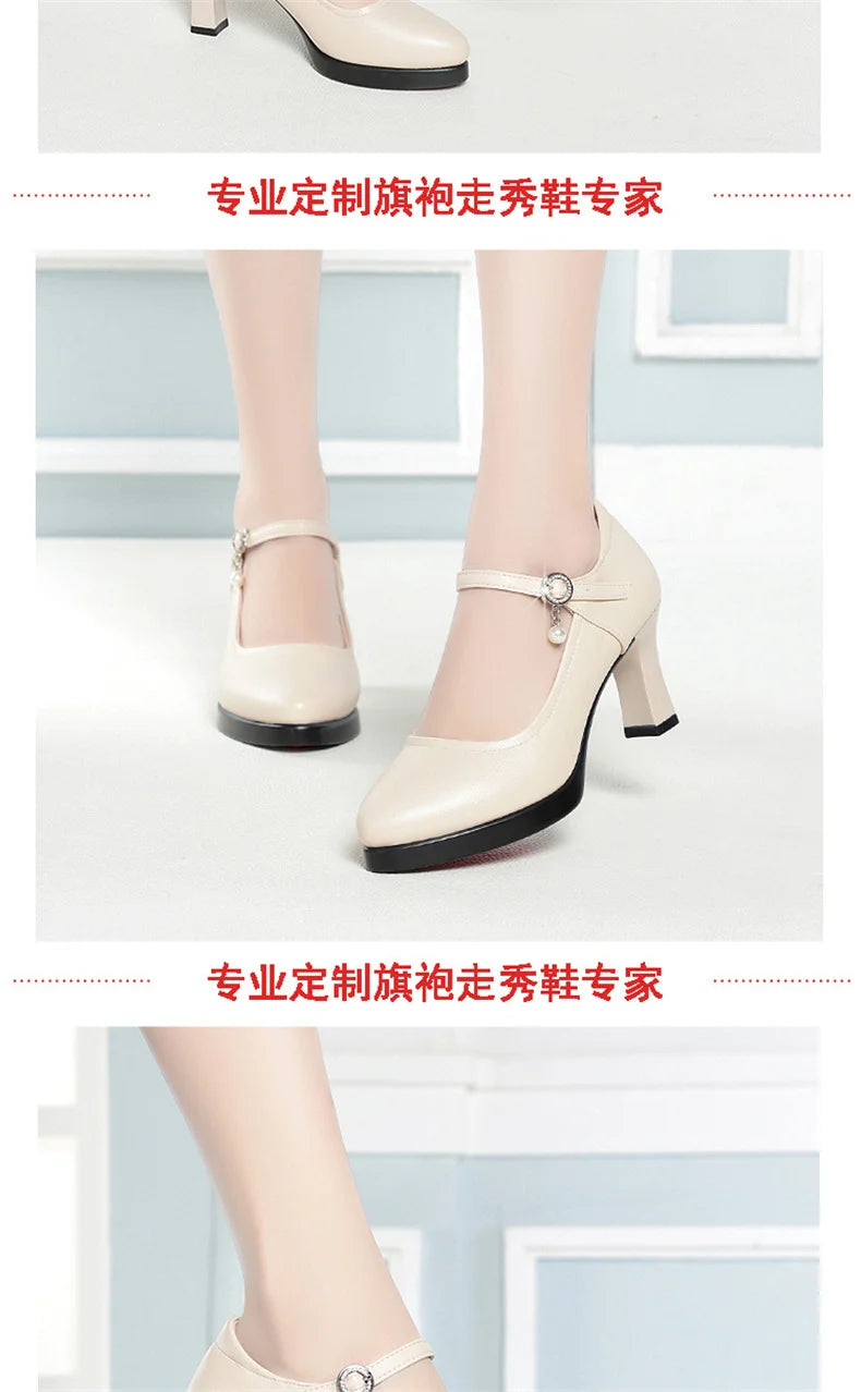 High Heels Comfort Platform Pumps 2024 Spring New Fashion Buckle Solid Black Shoes Woman Soft Leather Waterproof Single Shoes