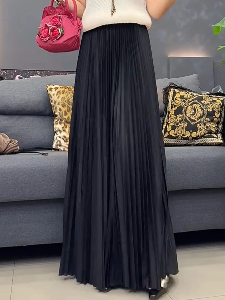 98cm Basics Maxi Pleated Skirt for Women New Korean Casual All-match Solid A Line High Waist Long Maxi Skirt Female