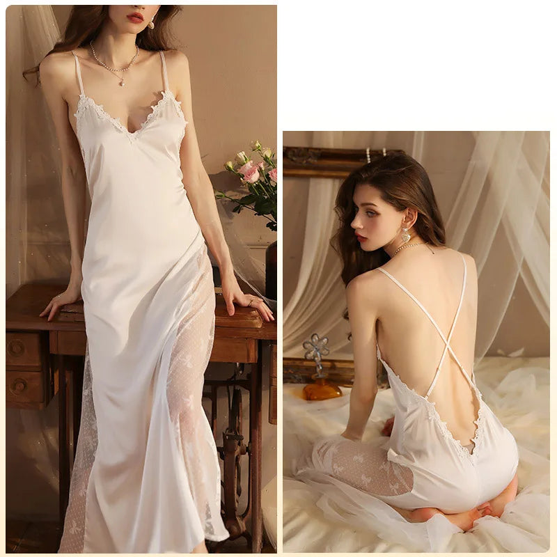 White Fashion Sexy Lounge Lace Nightgown Woman Negligee Women Dress Long Side Mesh Patchwork Extreme Sexy Nightgown Black FG485