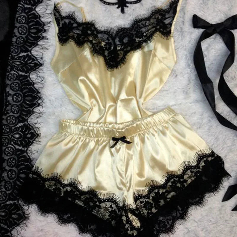 Women's Sleepwear Sexy Lace Satin Pajama Sets Nightwear Sleeveless Tops+Shorts 2 Pcs Sets for Women Pijama
