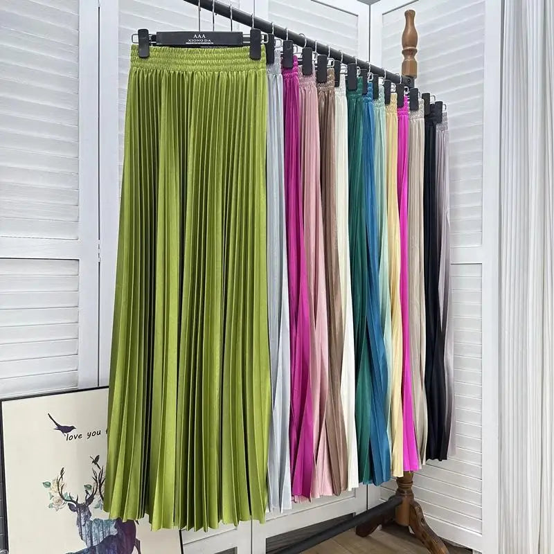 98cm Basics Maxi Pleated Skirt for Women New Korean Casual All-match Solid A Line High Waist Long Maxi Skirt Female