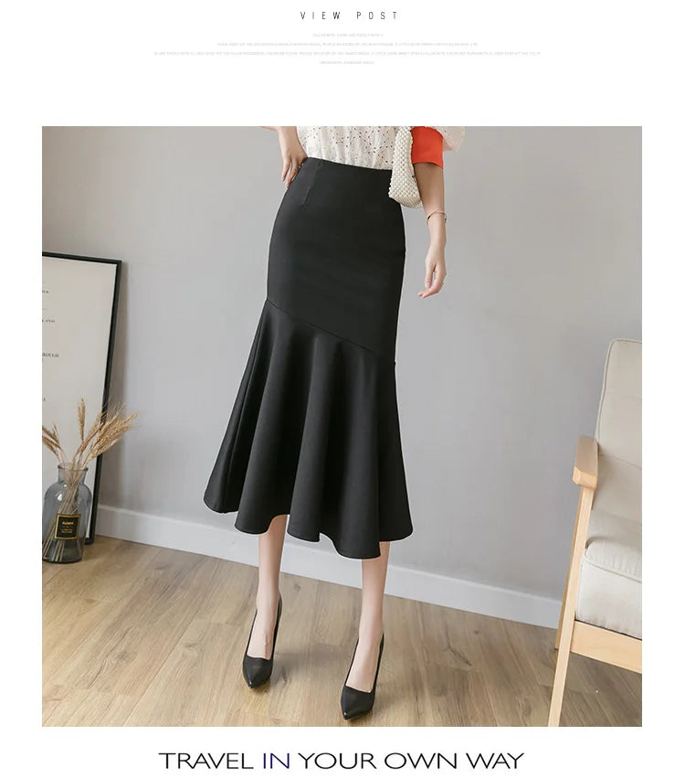 Seoulish Ruffles Solid Color Women's Skirts 2024 New Spring Summer Elegant High Waist Office Ladies Style Pencil Midi Skirts