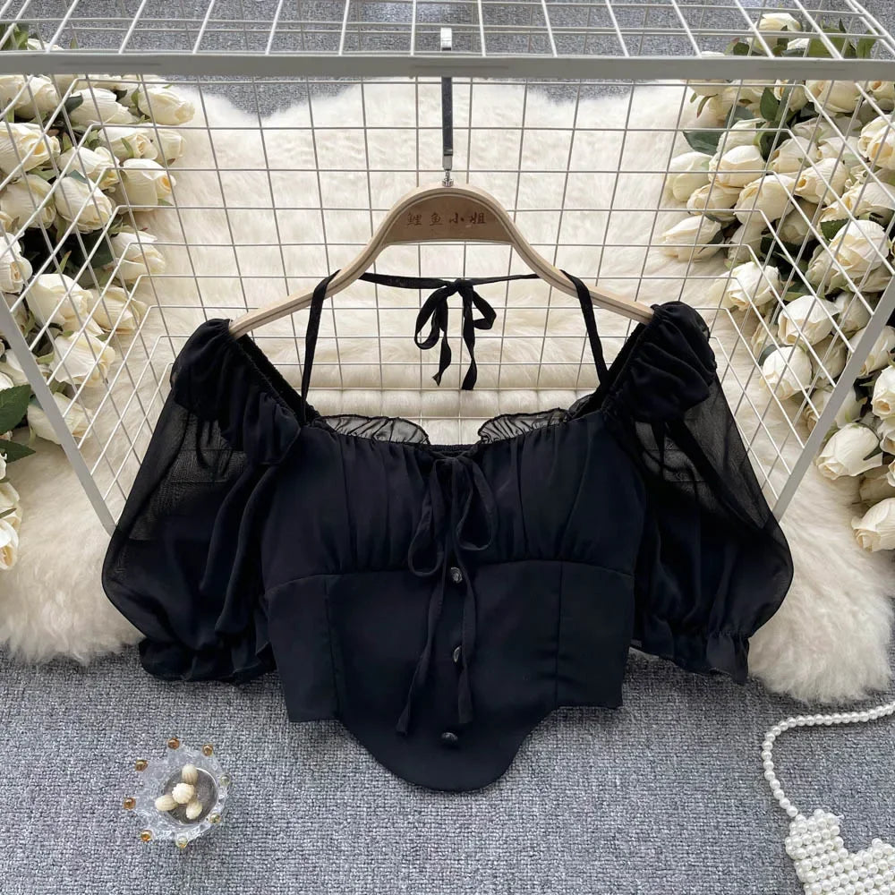 French Chic Halter Blouses Femininas Bow Flare Sleeve Short Tops Dames HighStreet Blusa Mujer Casual Shirts Clothes Dropshipping