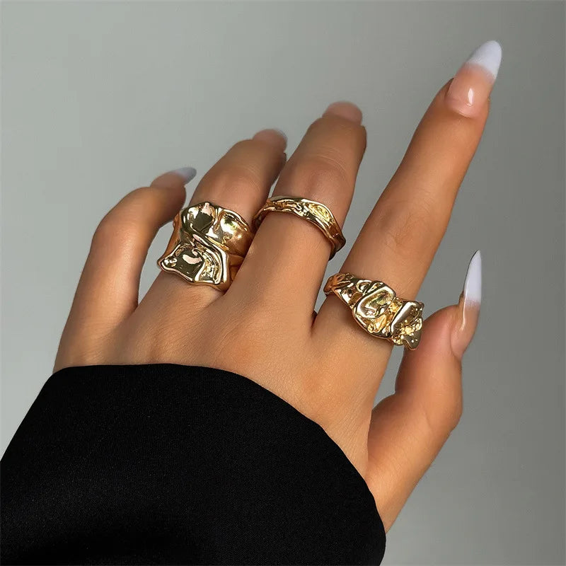 Gold Silver Plated Statement Irregular Pleated Open Ring for Women Big Wide Bold Finger Rings Chunky Jewelry 2024 New Hot