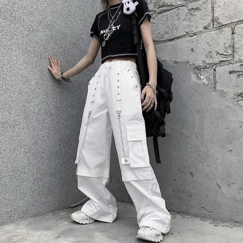 Women Trendy Vintage Casual Streetwear Pocket Cargo Pants Y2K Female High Waist White Hip Hop Loose Trousers Straight Pantalones