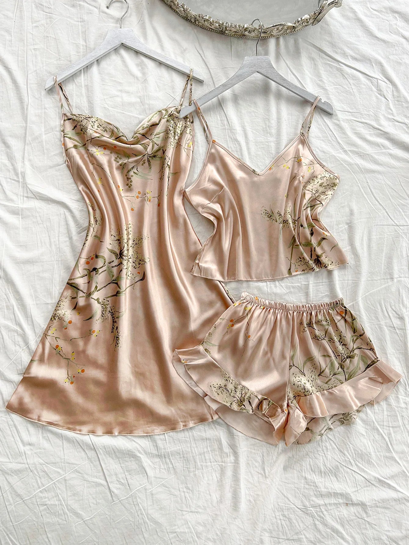 Women's Cherry Print Pajamas Sexy Fashion Halter Dress 3 Piece Women's Pajamas Set