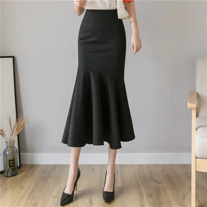 Seoulish Ruffles Solid Color Women's Skirts 2024 New Spring Summer Elegant High Waist Office Ladies Style Pencil Midi Skirts