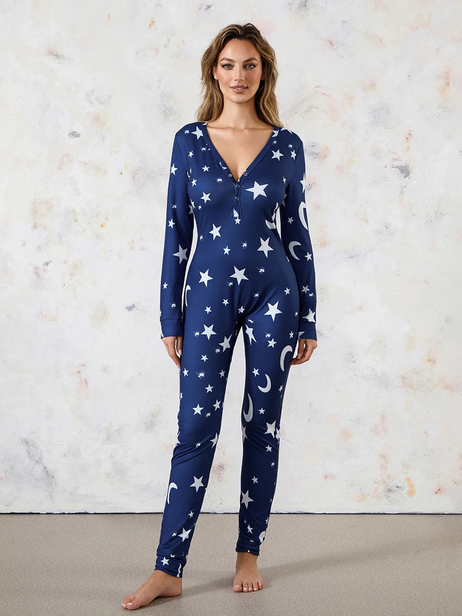 Women's 1Piece Lounge Pajamas Star Print Sexy Butt Button Back Flap Jumpsuit Sleepwear Romper Oversized Homewear