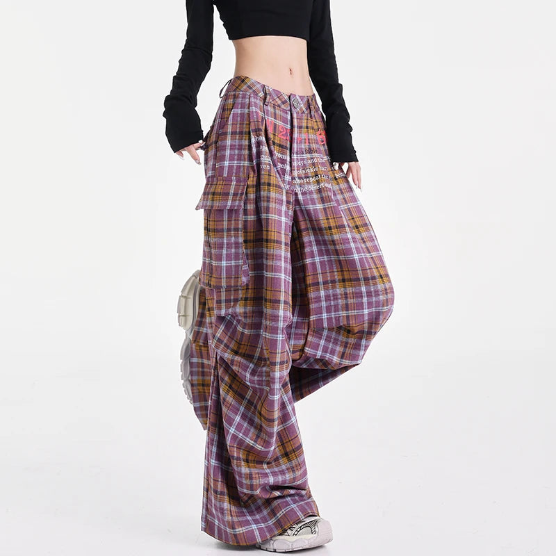 Summer Women Harajuku Fashion Plaid Pants Vintage Y2k Japanese Streetwear 2000s Baggy Pantalones Loose Casual Long Trousers Kpop