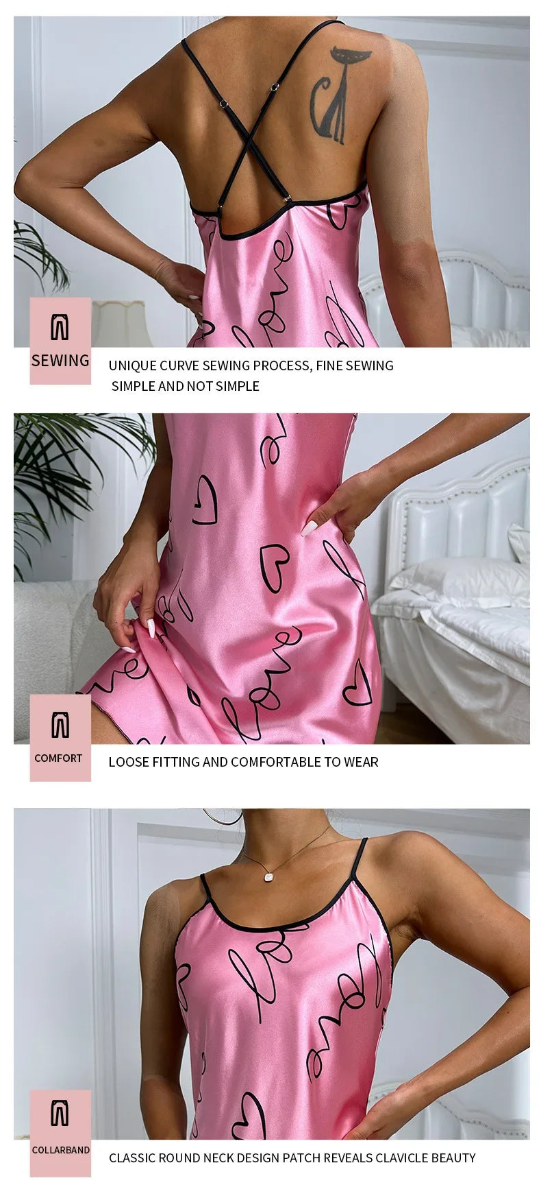 Heart Print Cross Tie Straps Satin Fabric Pajamas Sets Nightdress Casual Round Neck Strap Sleep Dress Women's Sleepwear Dresses