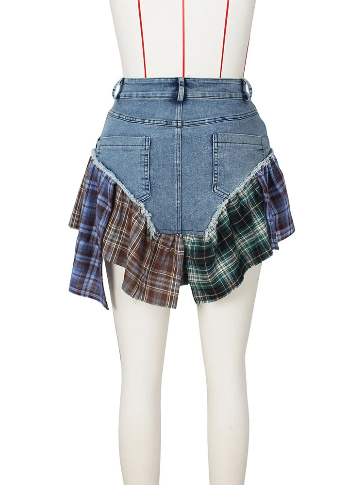 DEAT Fashion Women's Denim Skirt High Waist Irregular Lattice Patchwork Slight Strech Mini Skirts Summer 2024 New Tide 17A9506