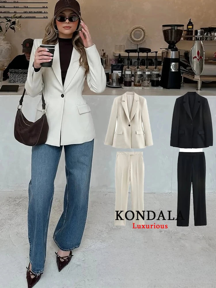 KONDALA Vintage Chic Office Lady Solid Women Suit Pockets V Neck Blazer Straight Loose Pants New Fashion 2025 Spring Autumn Sets