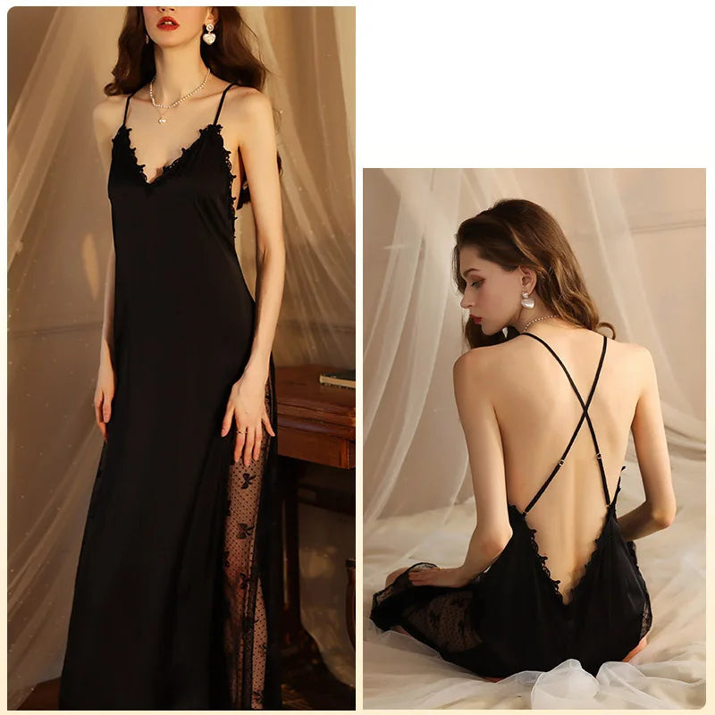 White Fashion Sexy Lounge Lace Nightgown Woman Negligee Women Dress Long Side Mesh Patchwork Extreme Sexy Nightgown Black FG485