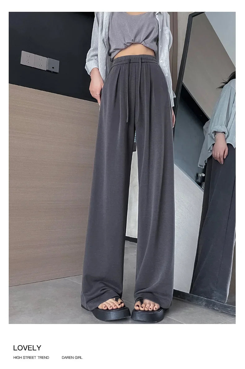 2024 New Summer Women's Casual Pants High Waist Solid Minimalism Loose Floor Length Wide Leg Trousers Female