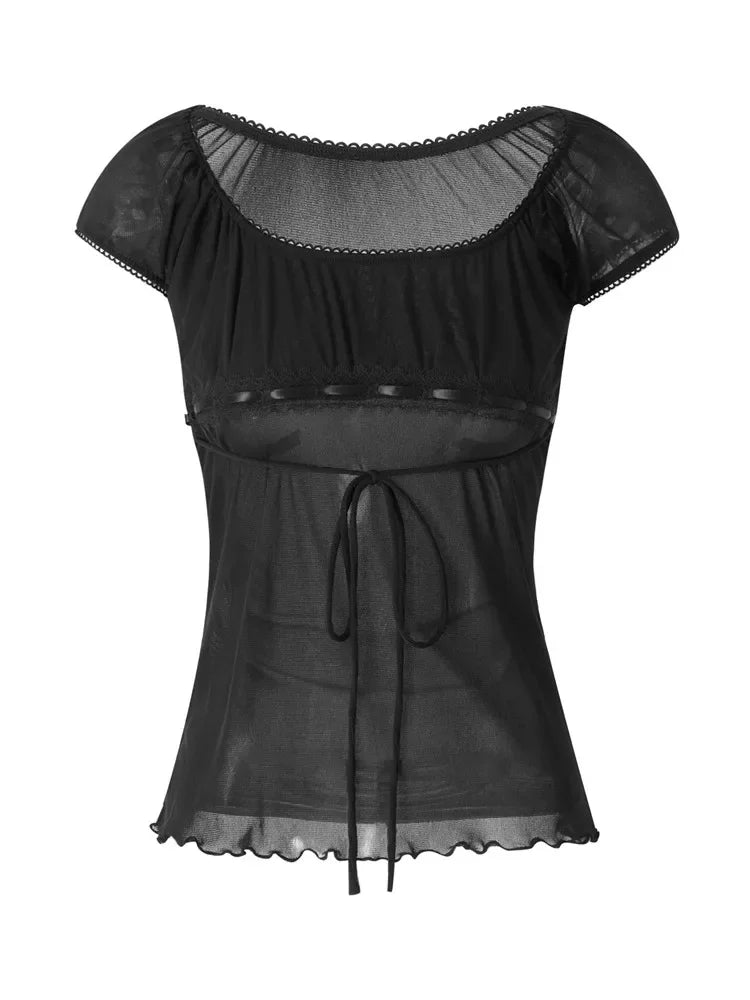 Women Summer Y2K Aesthetic Tops Lace Trim Cap Sleeve Low Cut Shirts Vintage Casual Sexy Tops and Blouses Female