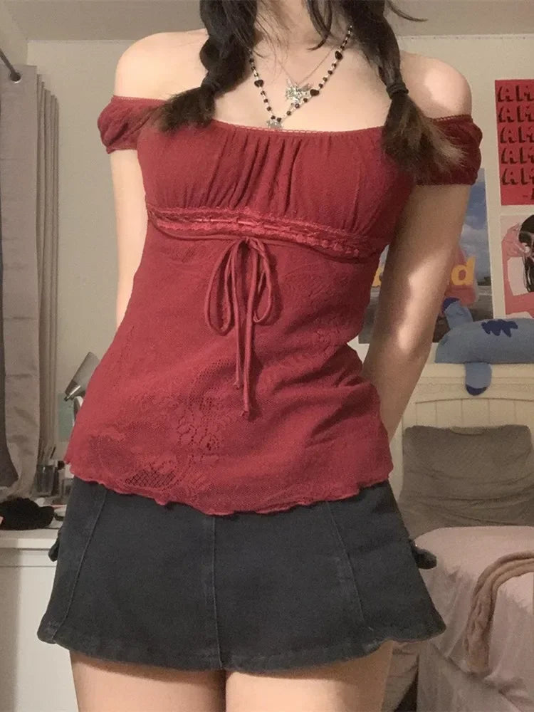 Women Summer Y2K Aesthetic Tops Lace Trim Cap Sleeve Low Cut Shirts Vintage Casual Sexy Tops and Blouses Female