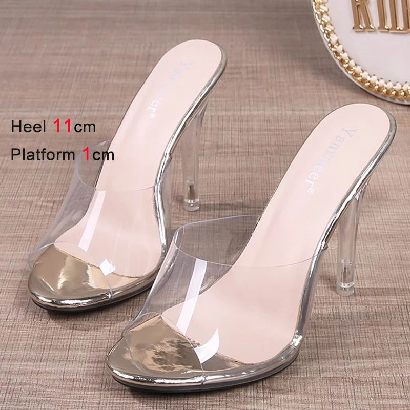 11CM Modern Slippers For Women 2024 Summer New Transparent Sandals Sexy Thin High Heels CRYSTAL Woman Shoes Outside Size 43 Gold