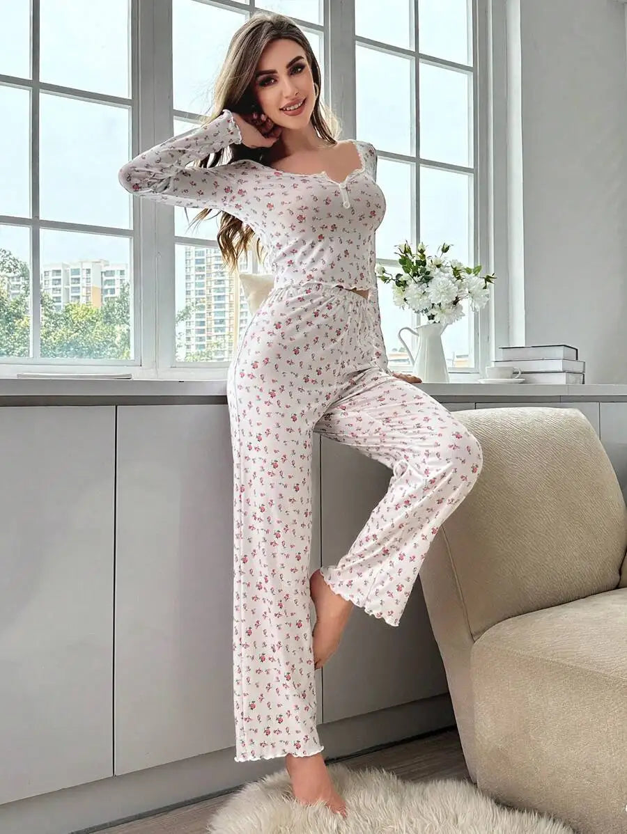 New Women Soft Comfortable sexy Floral Print Pajama Set Long Sleeve Top and Pants Loungewear Sleepwear Two Piece Set Homewear