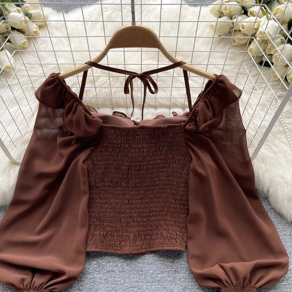 French Chic Halter Blouses Femininas Bow Flare Sleeve Short Tops Dames HighStreet Blusa Mujer Casual Shirts Clothes Dropshipping