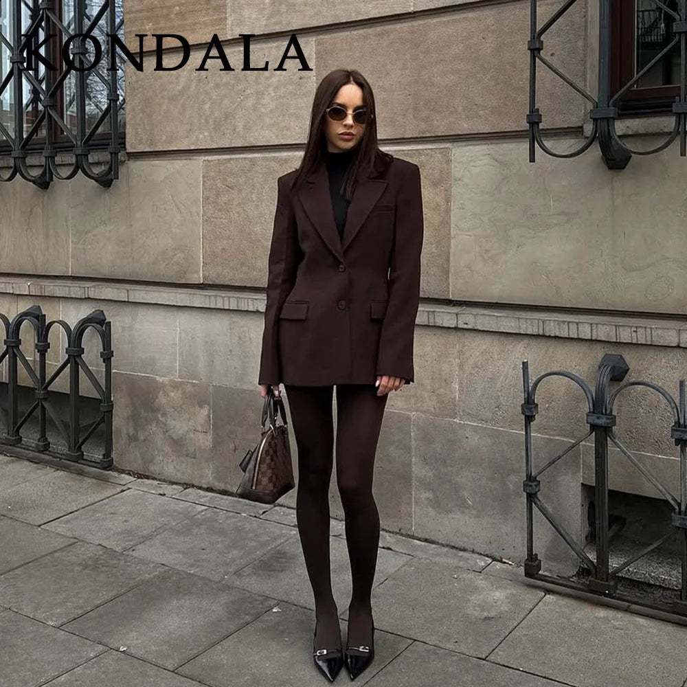 KONDALA 2025 Fall Winter Brown Elegant Office Lady Suits Fashion Shrug Pockets Blazers Elegant Zipper Skirts Chic Baggy Pants