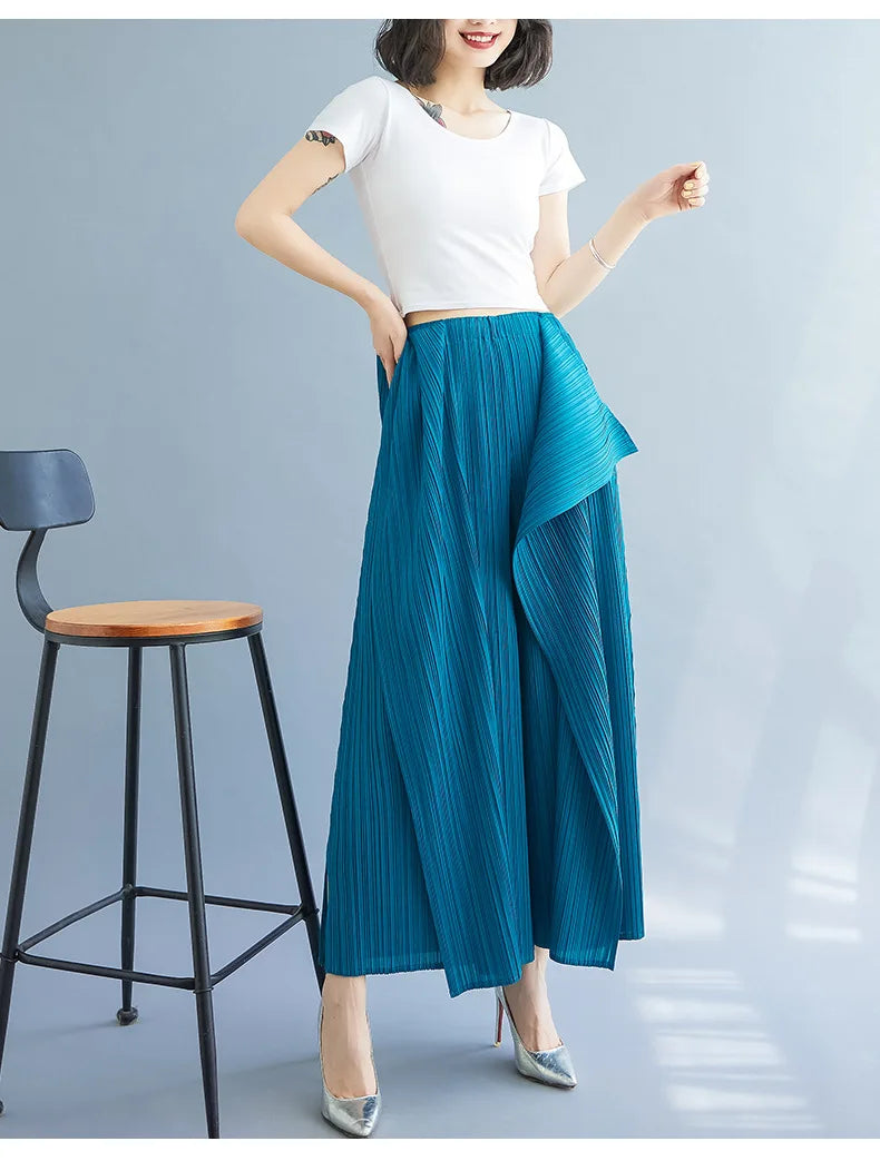 Miyake 2025 New Pleated Pants Irregular Wide-legged Pants Simple Loose Large Size with Elastic Formal Occasions Commuter Women's