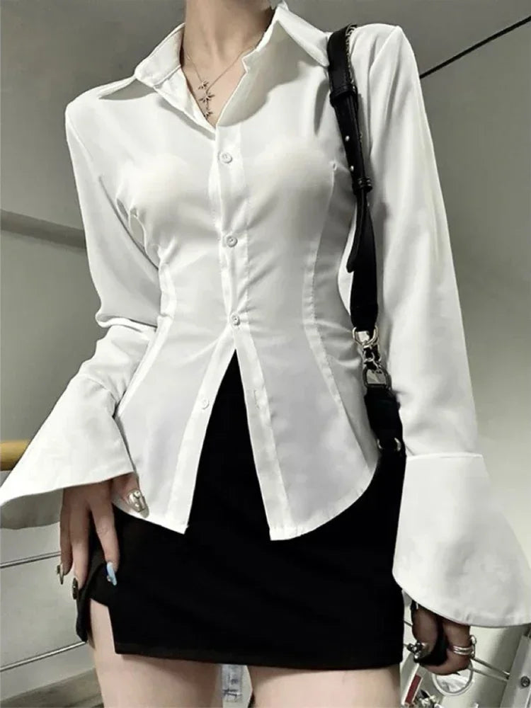 Sexy Slim Flared Sleeve Women's Shirt Solid Lapel Single-breasted Back Bandage Tunic Female Blouses Spring Trend New Lady